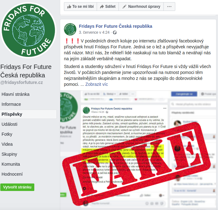 Falešný článek o Fridays For Future ČR